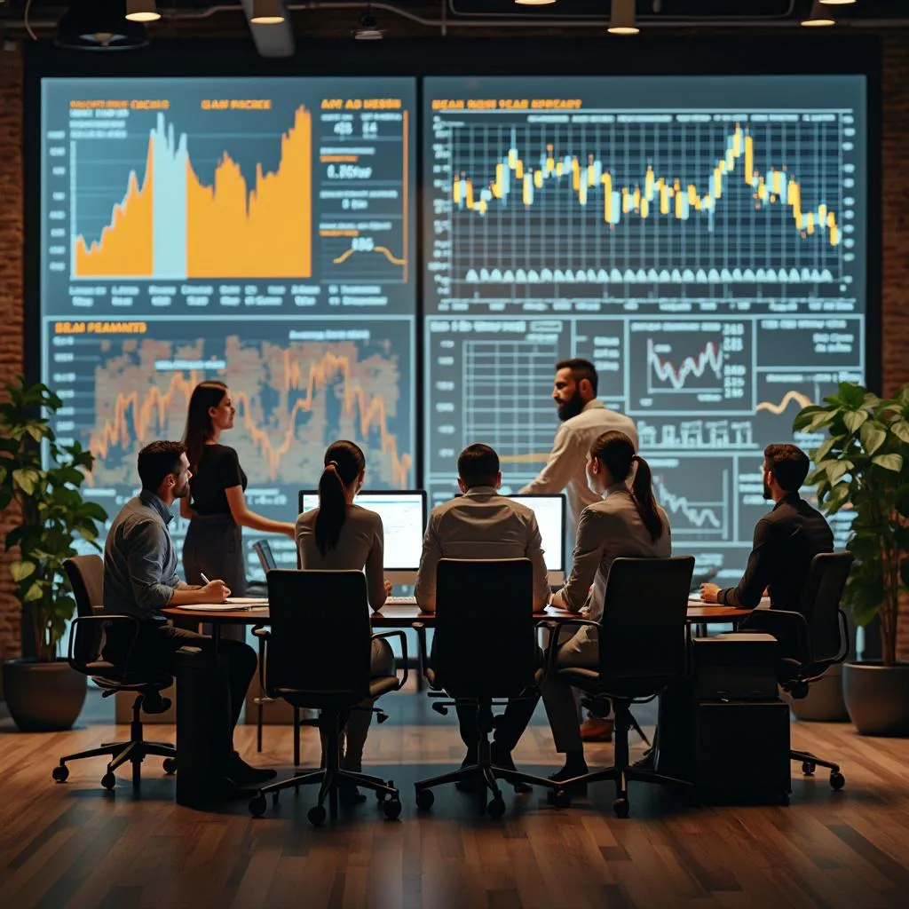 Equipo discutiendo estrategias financieras en oficina moderna