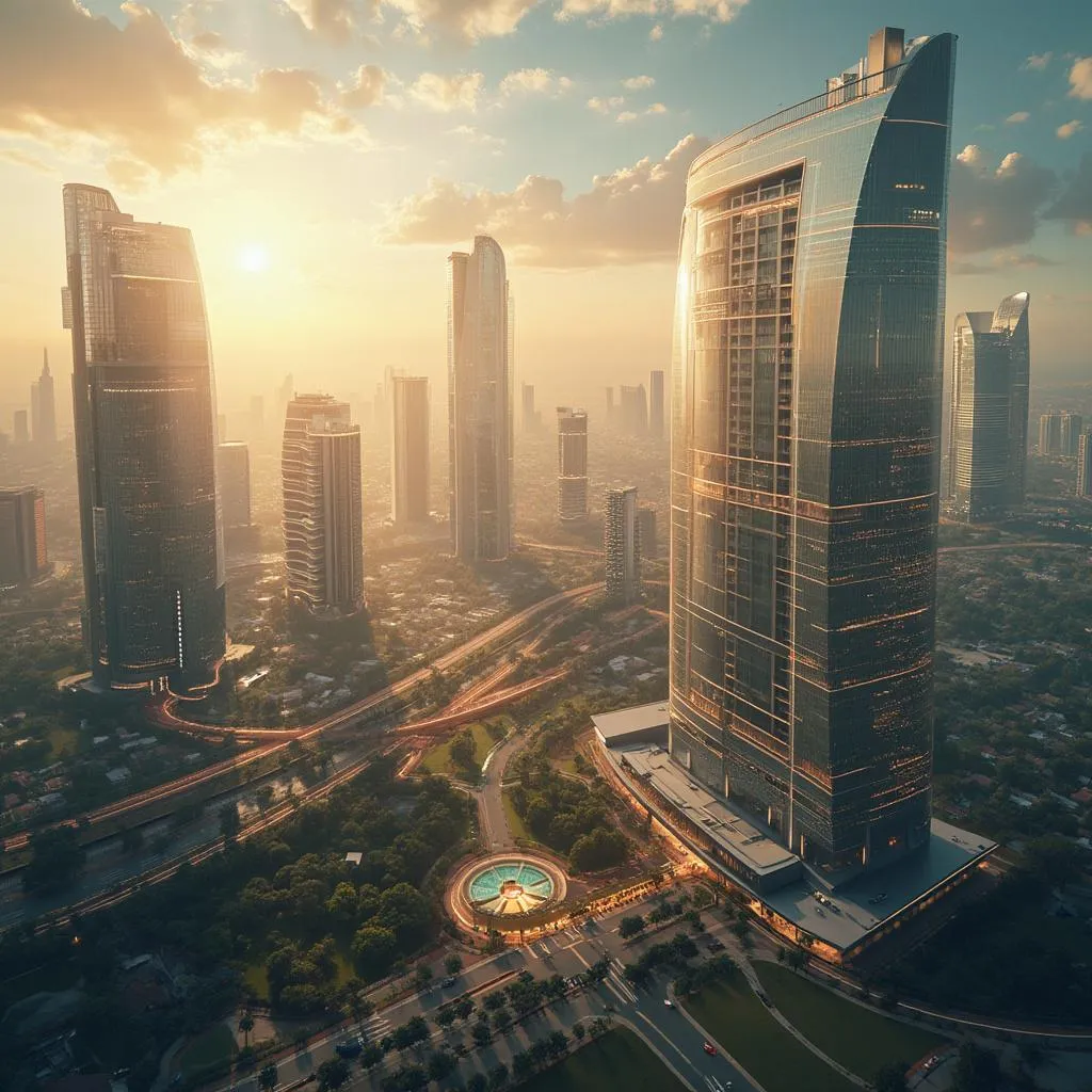 Visión futurista de un centro financiero con tecnología avanzada
